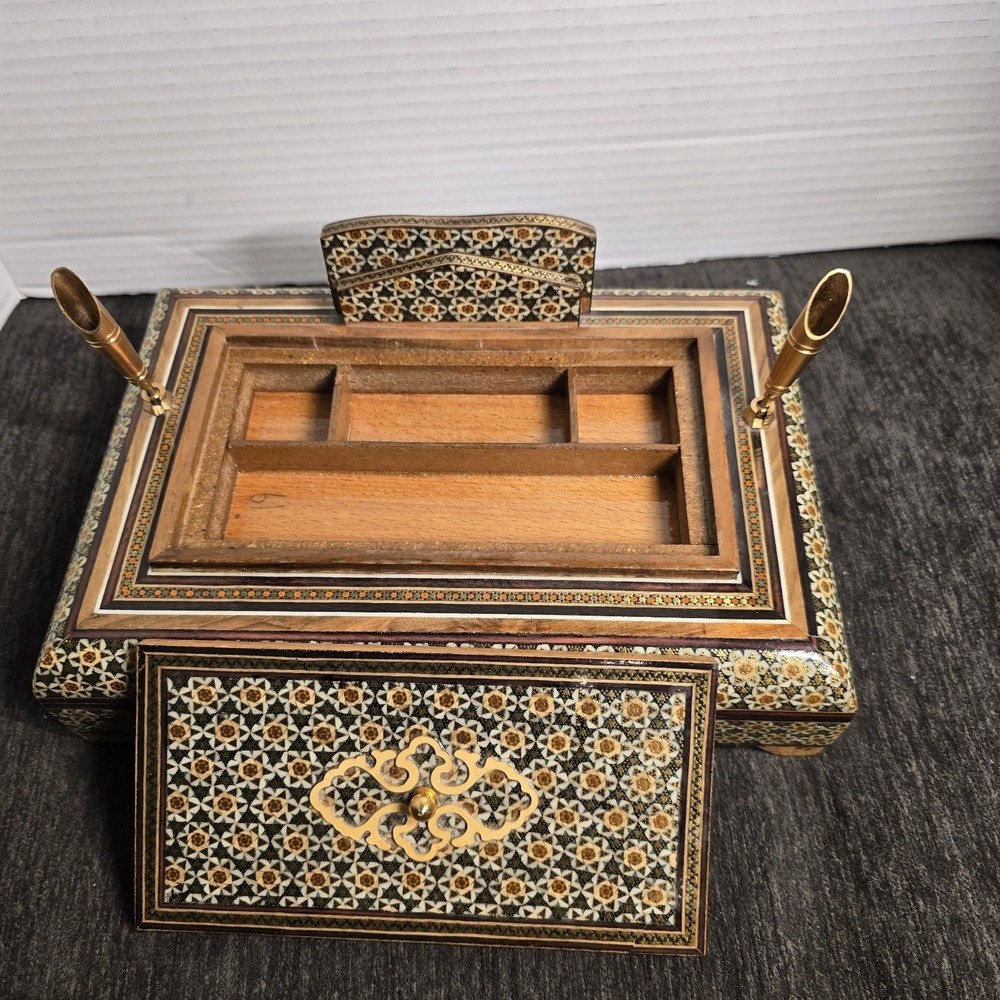 Handcrafted Inlay Desk Organizer Persian Khatam Marquetry Pen Card Holder Box - Picture 7 of 9